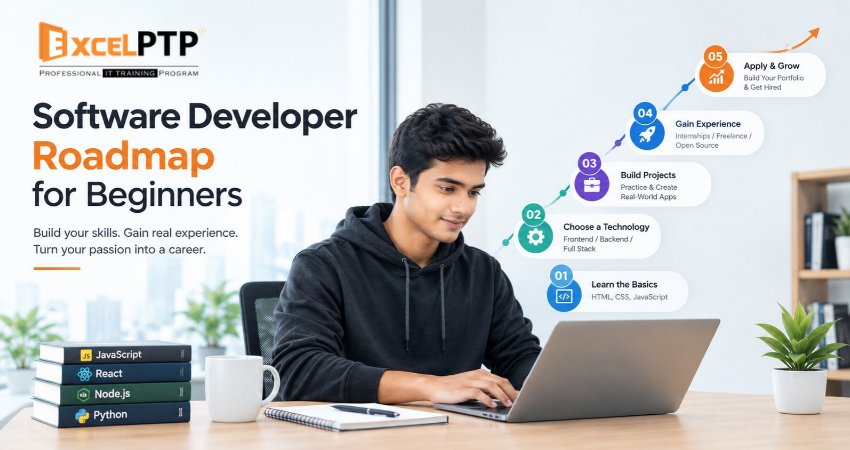 Software developer roadmap for beginners learning coding, building projects, and preparing for a software development career